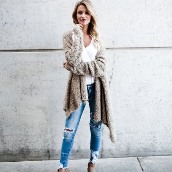 Soft Teddy Fuzzy Cardigan Open Front Slouchy - Picture 10 of 16